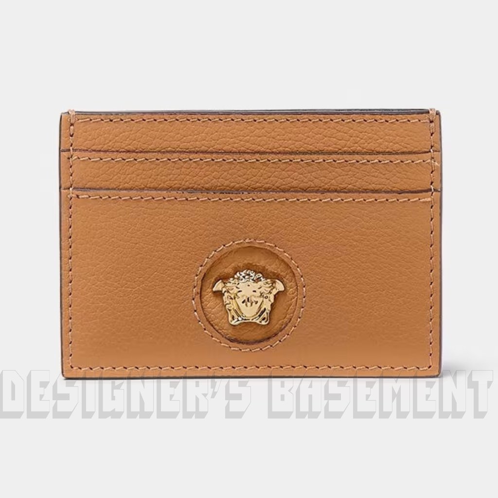 Versace Beige Gold La Medusa Gold Logo Embossed Leather Card Case Holder Wallet